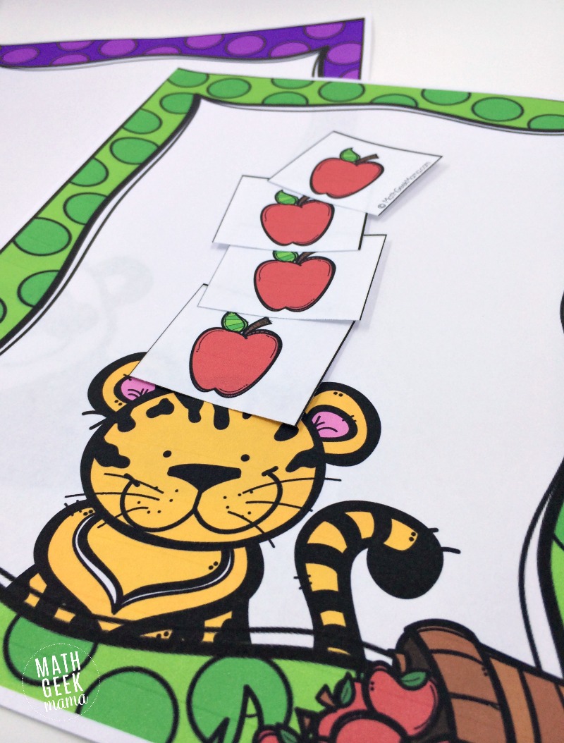 This super cute printable math game is perfect to play with the book, "Ten Apples Up On Top!" Kids can practice counting and adding and subtracting to 10! Plus, it's a great way to combine math and reading! 