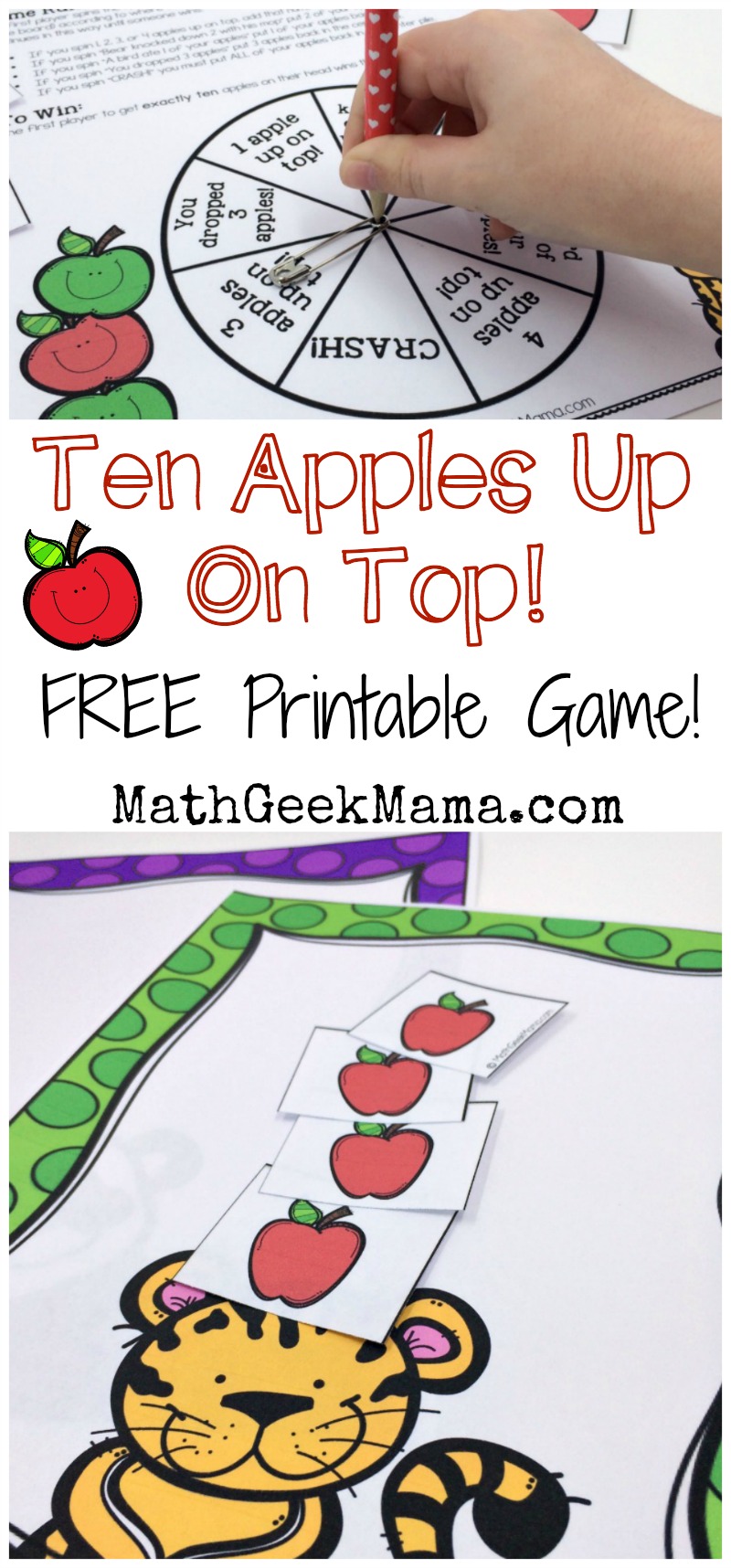 This super cute printable math game is perfect to play with the book, "Ten Apples Up On Top!" Kids can practice counting and adding and subtracting to 10! Plus, it's a great way to combine math and reading! 