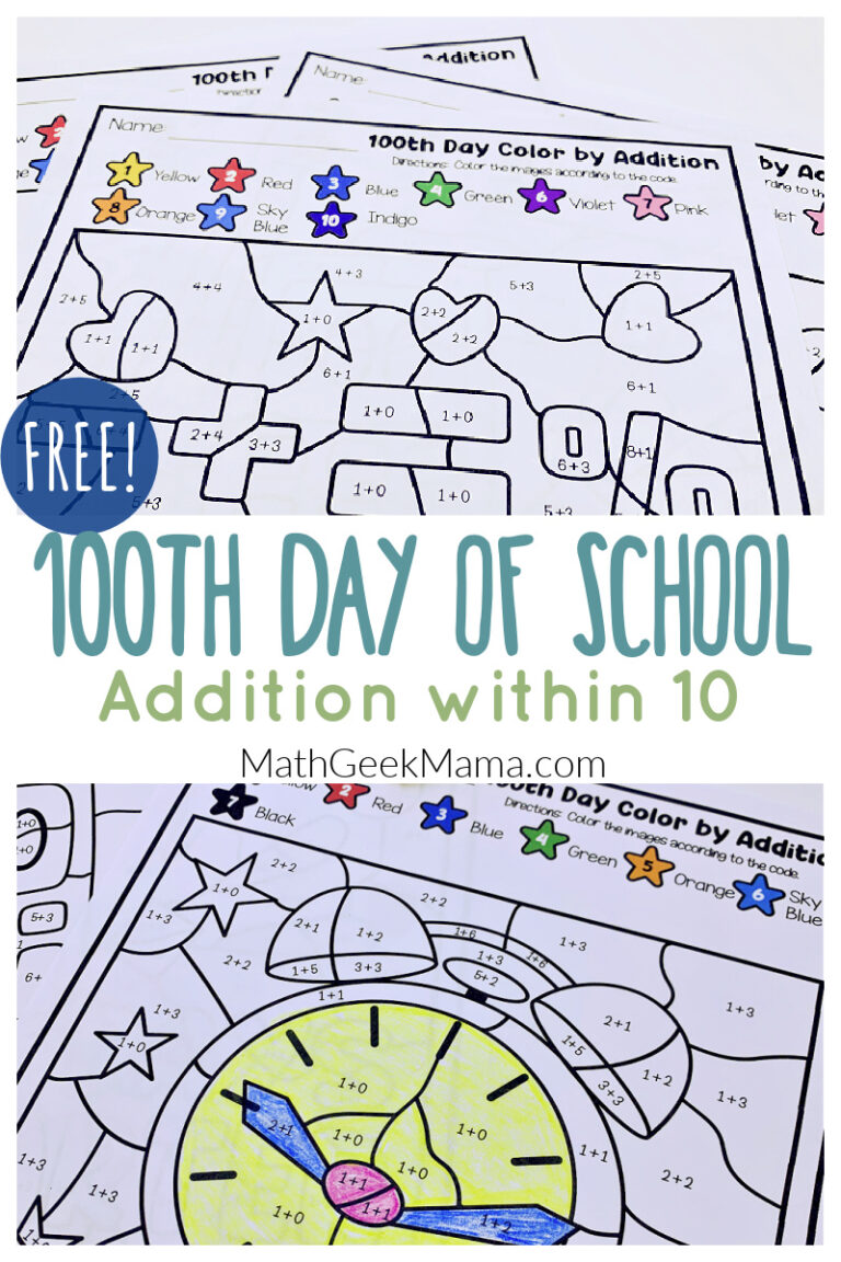 {FREE} 100th Day Color by Addition | Add Within 10 Practice