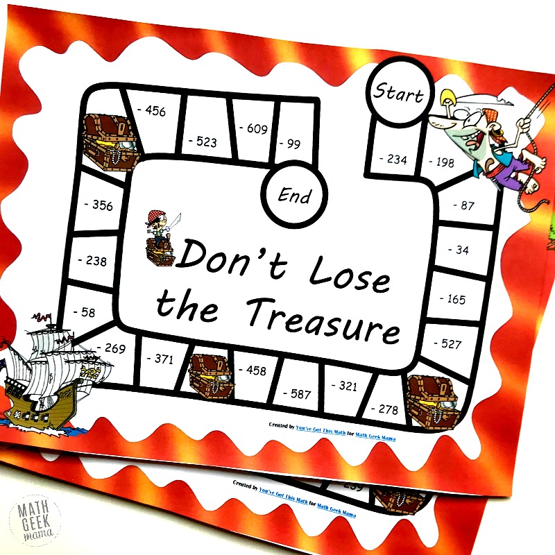 Picture of pirate themed board game called, "Don't Lose the Treasure." Shows 2 game boards, with pirate, tresure chest, pirate ship.