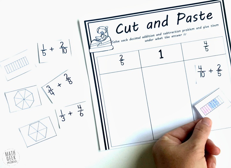 Do your kids need extra practice with fractions? This add & subtract fractions activity is a great way to incorporate visual models with fraction operations. Plus, it helps kids practice simplifying fractions as well, as they have to determine the right place to glue their solution! 
