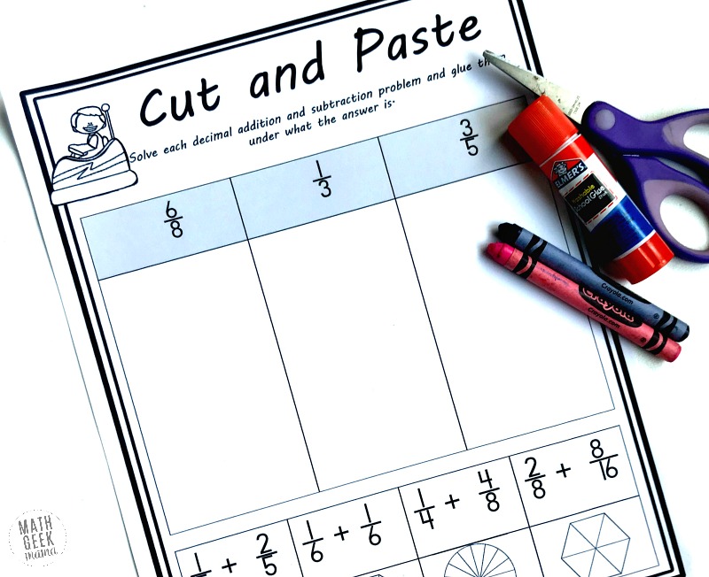 Do your kids need extra practice with fractions? This add & subtract fractions activity is a great way to incorporate visual models with fraction operations. Plus, it helps kids practice simplifying fractions as well, as they have to determine the right place to glue their solution! 