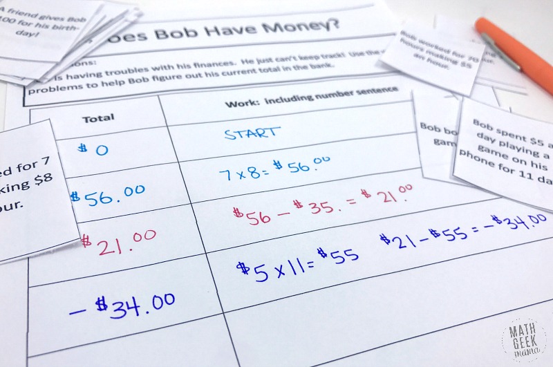 Introduce your kids to integer operations with this fun real life math lesson. In this lesson, kids will add & subtract integers to determine how much money Bob has in the bank and find his ending balance. Not only will kids learn what happens when you add & subtract positive & negative numbers, but they will see the commutative property at work. Grab this FREE from Math Geek Mama. 