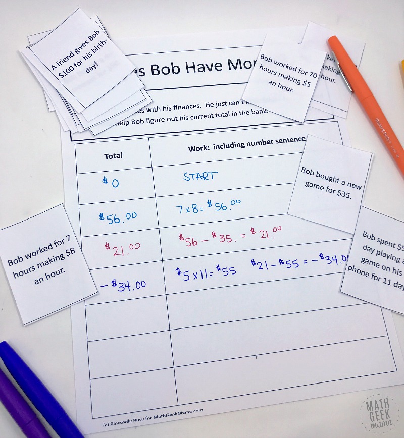 Introduce your kids to integer operations with this fun real life math lesson. In this lesson, kids will add & subtract integers to determine how much money Bob has in the bank and find his ending balance. Not only will kids learn what happens when you add & subtract positive & negative numbers, but they will see the commutative property at work. Grab this FREE from Math Geek Mama. 