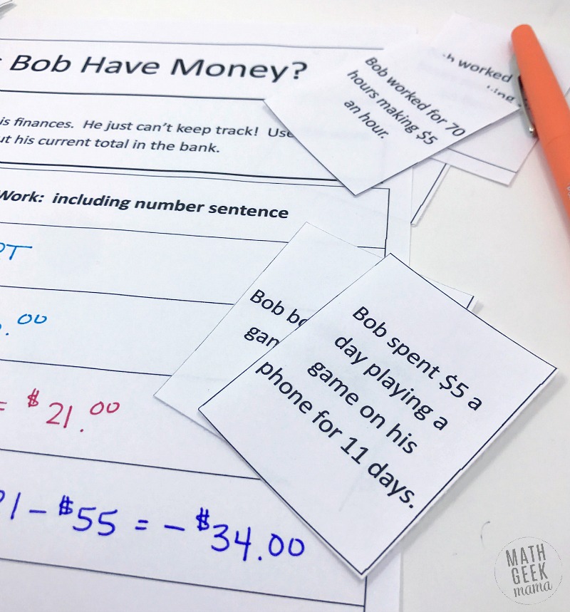 Introduce your kids to integer operations with this fun real life math lesson. In this lesson, kids will add & subtract integers to determine how much money Bob has in the bank and find his ending balance. Not only will kids learn what happens when you add & subtract positive & negative numbers, but they will see the commutative property at work. Grab this FREE from Math Geek Mama. 