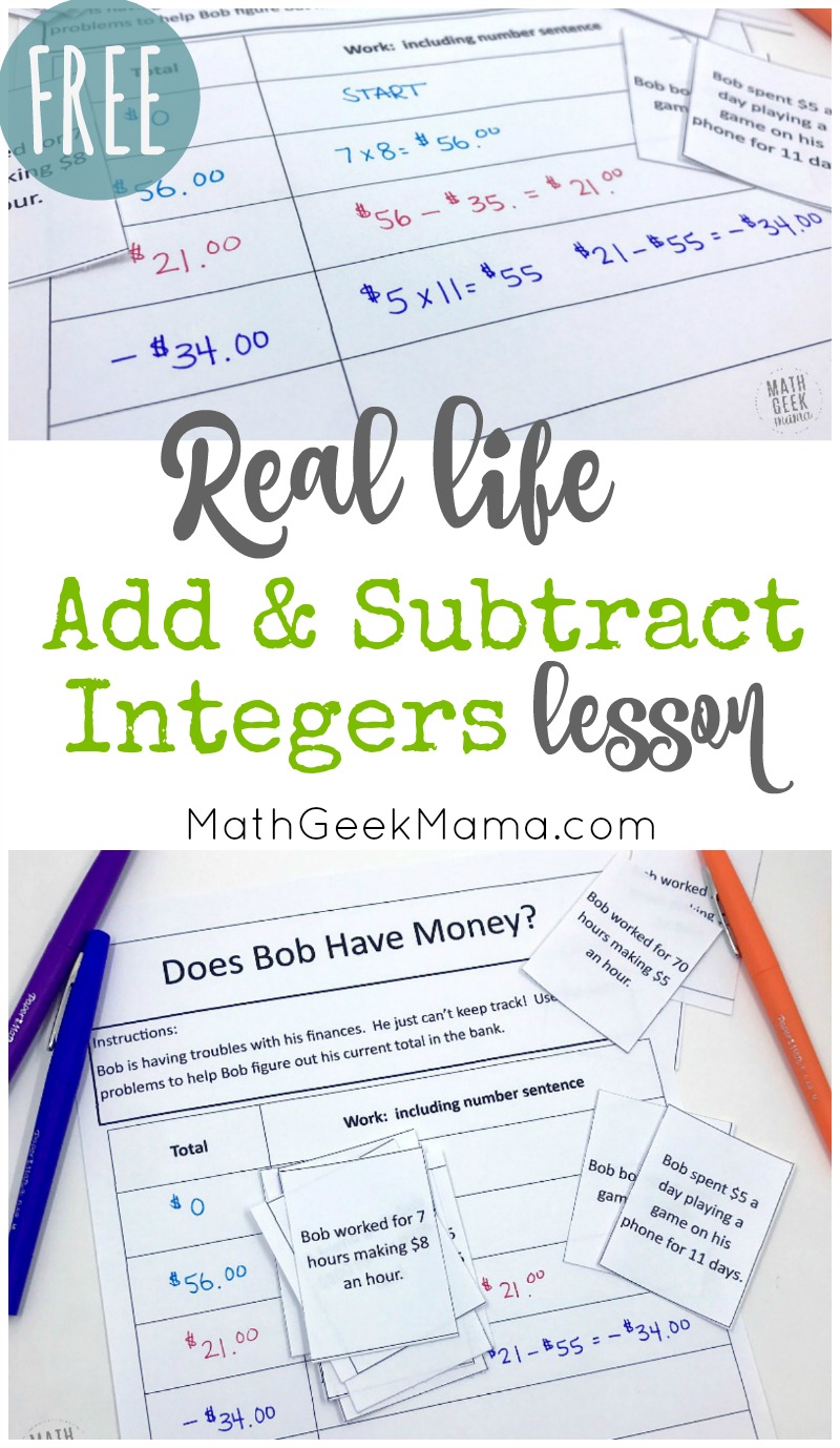 Introduce your kids to integer operations with this fun real life math lesson. In this lesson, kids will add & subtract integers to determine how much money Bob has in the bank and find his ending balance. Not only will kids learn what happens when you add & subtract positive & negative numbers, but they will see the commutative property at work. Grab this FREE from Math Geek Mama. 