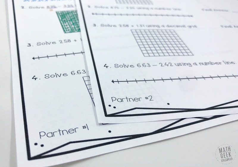 Looking to stretch and challenge your kids to better understand addition & subtraction with decimals? This adding & subtracting decimals partner challenge is a great way to work on multiple strategies and foster cooperative learning and problem solving. Learn more and grab the activity free from Math Geek Mama!