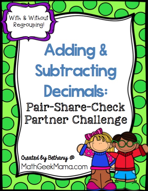Looking to stretch and challenge your kids to better understand addition & subtraction with decimals? This adding & subtracting decimals partner challenge is a great way to work on multiple strategies and foster cooperative learning and problem solving. Learn more and grab the activity free from Math Geek Mama!