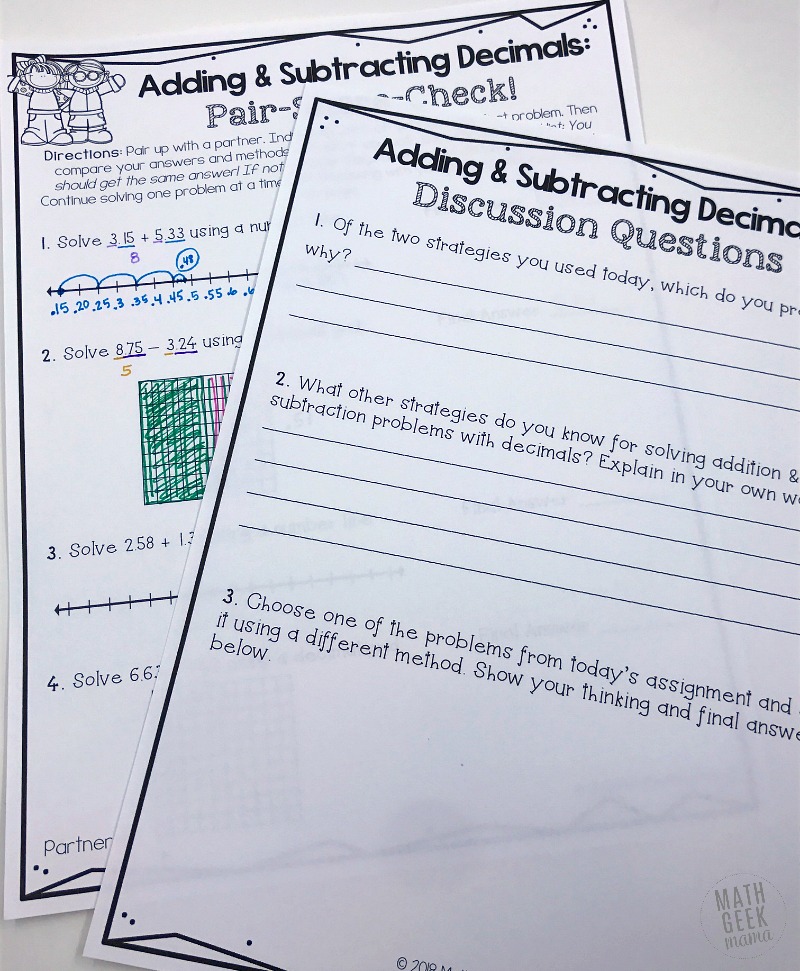 Looking to stretch and challenge your kids to better understand addition & subtraction with decimals? This adding & subtracting decimals partner challenge is a great way to work on multiple strategies and foster cooperative learning and problem solving. Learn more and grab the activity free from Math Geek Mama!