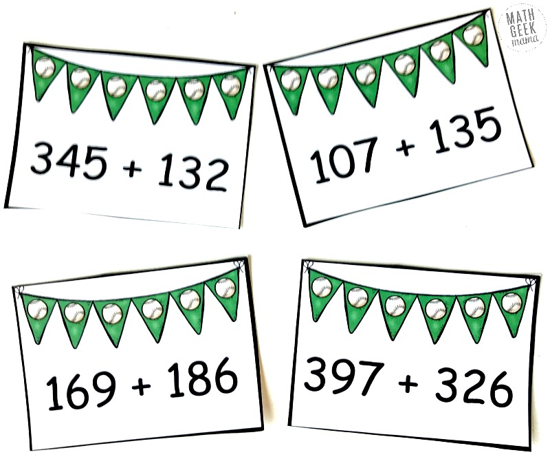 Need to work on adding large numbers? This baseball themed 3-digit addition game is such a fun way to practice skills, work on mental math or just get out of the normal routine. Perfect for your game time math center!