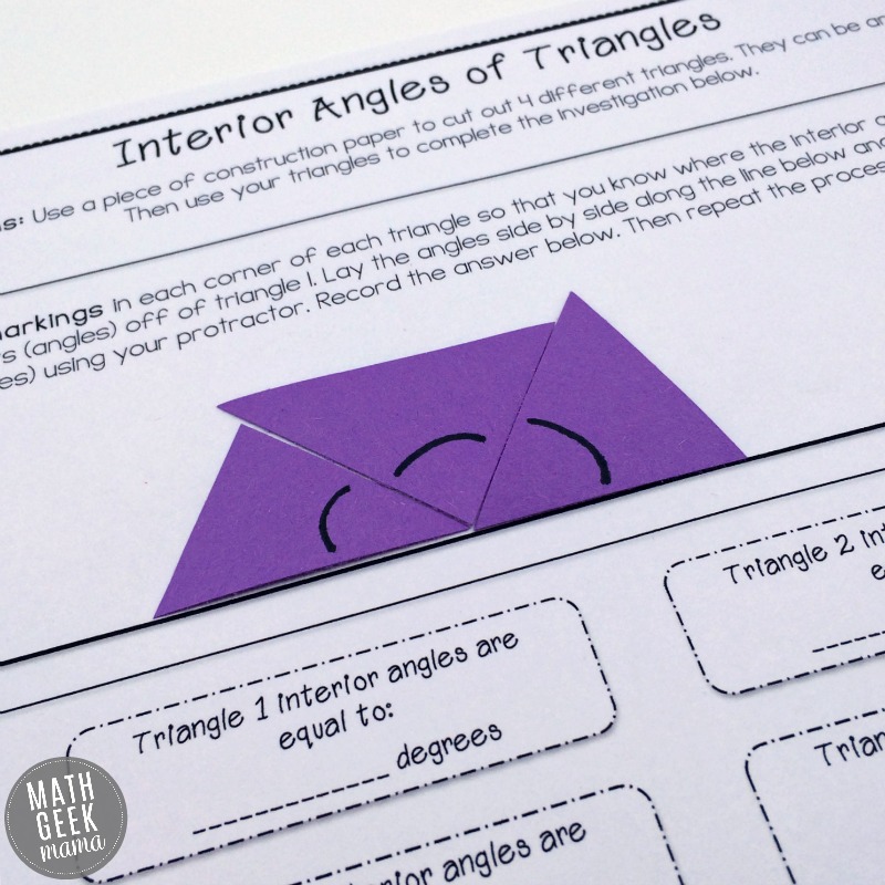 These hands on geometry lessons are such a great way to help kids see the relationship between the interior and exterior angles in triangles! This free download is simple to use and includes teaching tips and an answer key!