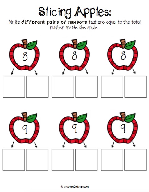 Cute, FREE printable pages to help kids work on number bonds! Use apple slices for a fun hands-on approach! 