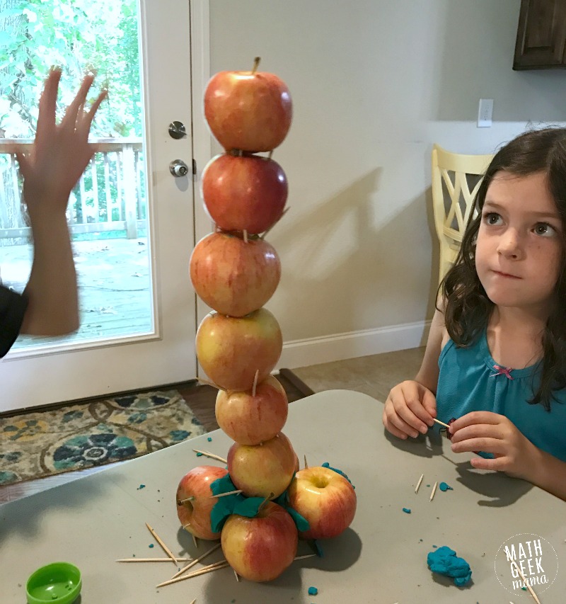 This fun apple STEM challenge will excite your kids. It's perfect for back to school or fall or to use along with the book, "Ten Apples Up On Top!"