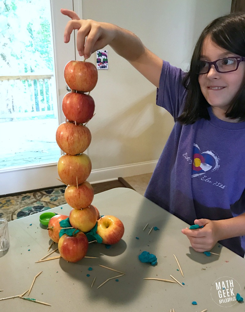 This fun apple STEM challenge will excite your kids. It's perfect for back to school or fall or to use along with the book, "Ten Apples Up On Top!"