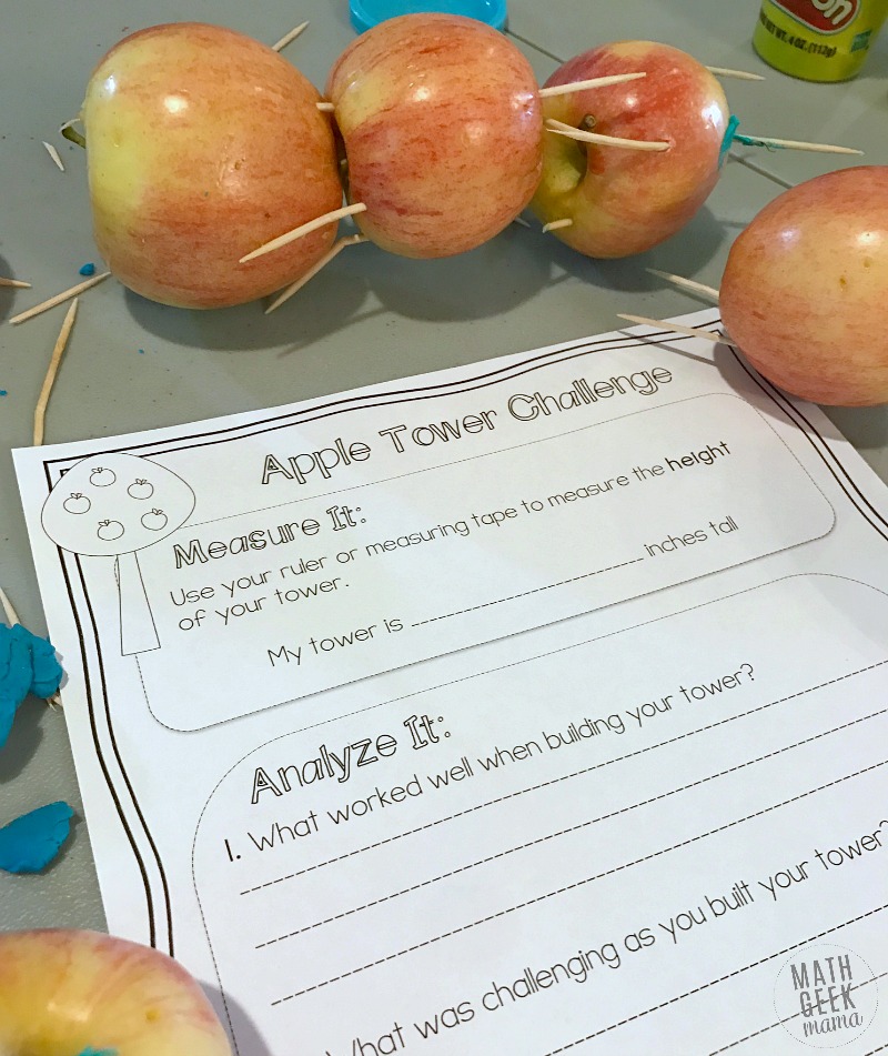 This fun apple STEM challenge will excite your kids. It's perfect for back to school or fall or to use along with the book, "Ten Apples Up On Top!"