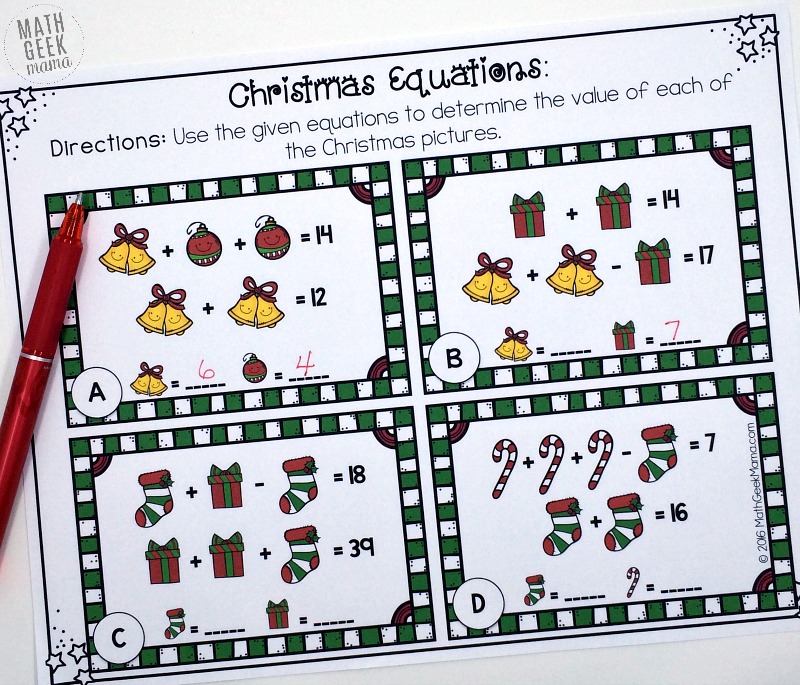 This set of FREE Christmas equation cards can be used by a variety of ages as a fun Christmas challenge to build algebraic thinking. Or you can use them as a fun way to introduce systems of equations in Algebra. 