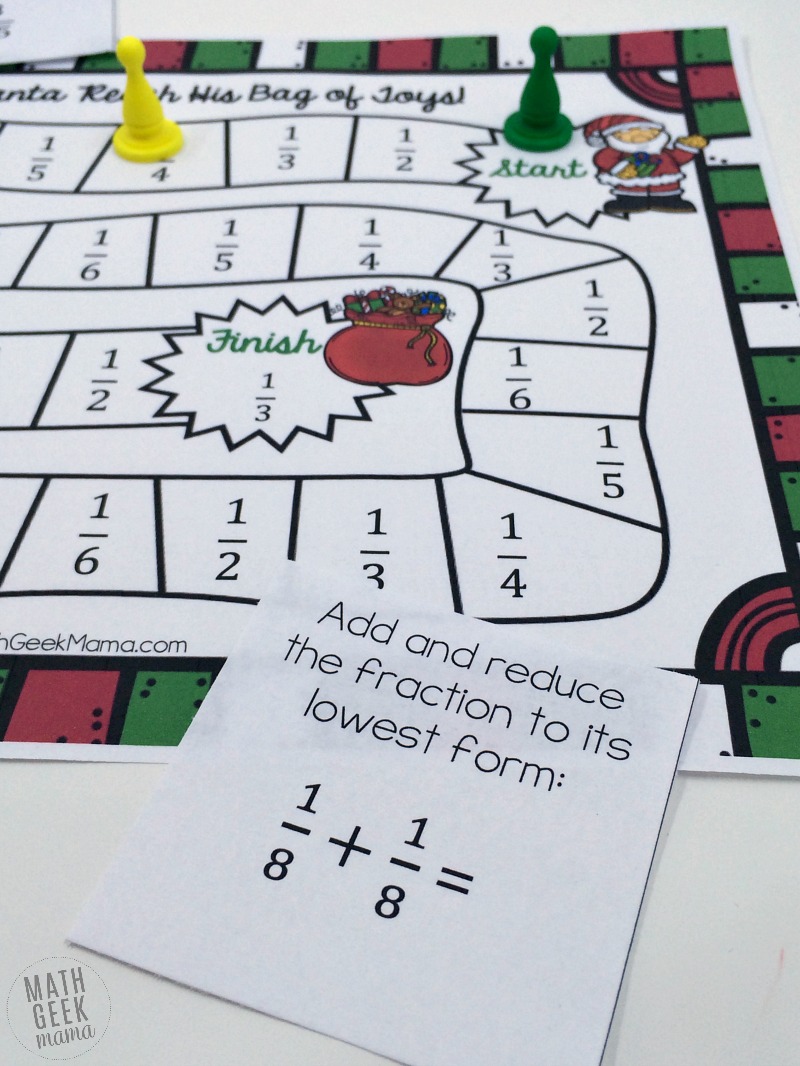 Grab this fun and easy to play Christmas fraction board game this December. Practice important fraction skills with your kids in a fun way!