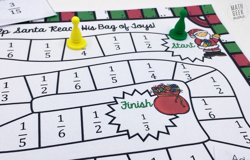 Grab this fun and easy to play Christmas fraction board game this December. Practice important fraction skills with your kids in a fun way!