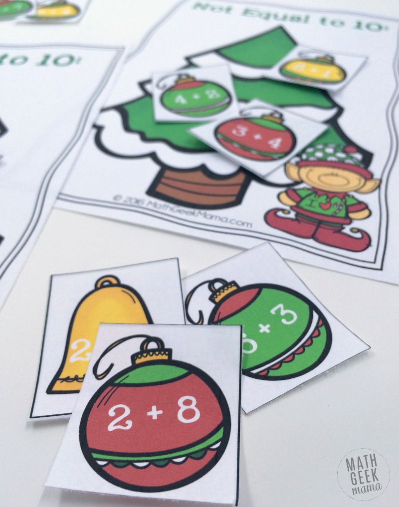 Help your kids work on addition facts, increase fluency and learn to make ten with this fun Christmas Tree Make Ten sort! Grab your free copy at MathGeekMama.com!