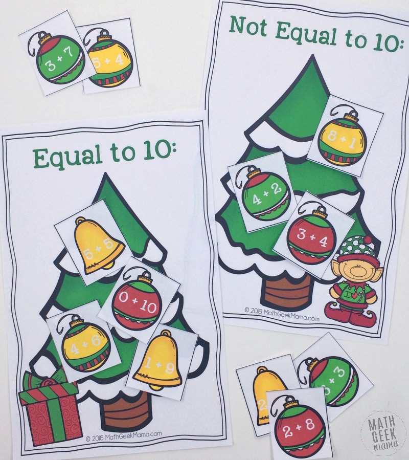 Help your kids work on addition facts, increase fluency and learn to make ten with this fun Christmas Tree Make Ten sort! Grab your free copy at MathGeekMama.com!
