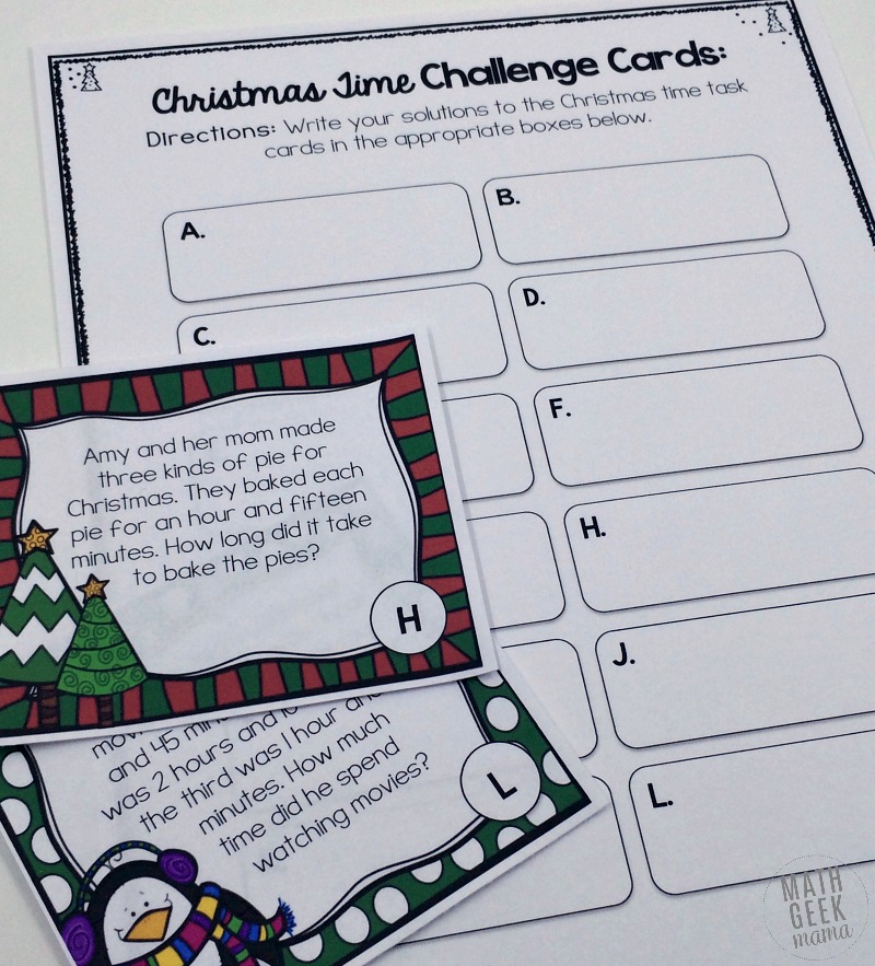 Practice time and elapsed time problems with these adorable Christmas themed task cards. Includes 12 cards with a recording page for answers. 