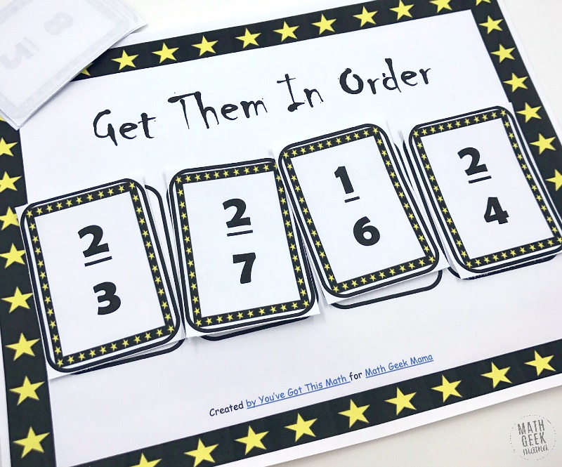 Challenge kids and strengthen their fraction sense with this comparing fractions game. Get Them in Order is a fun way to review all sorts of fraction skills, such as simplifying fractions, comparing fractions and ordering fractions. Grab the game FREE from Math Geek Mama!
