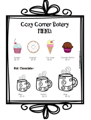 Cozy Corner Bakery Money Activity Menu