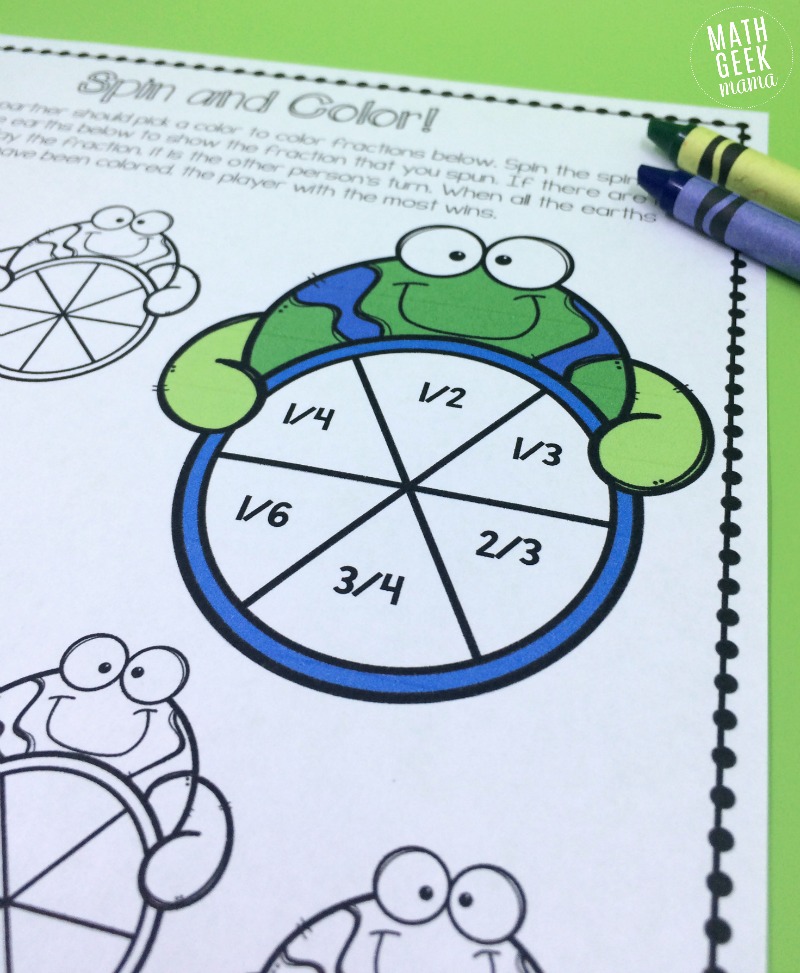 This fun printable pack is perfect for Earth Day! Several different FREE activities to help kids recognize fractions, compare fractions and equivalent fractions. 