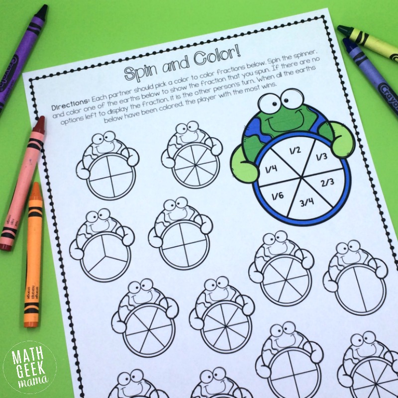 This fun printable pack is perfect for Earth Day! Several different FREE activities to help kids recognize fractions, compare fractions and equivalent fractions. 