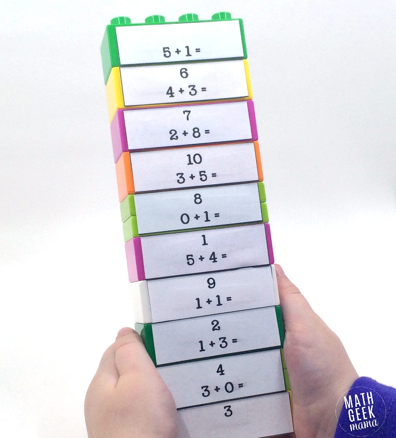 This idea for practicing math facts is brilliant! These LEGO duplo math puzzles are such a fun way for kids to practice and increase fact fluency!