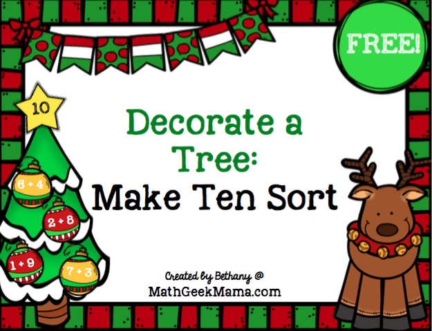 Help your kids work on addition facts, increase fluency and learn to make ten with this fun Christmas Tree Make Ten sort! Grab your free copy at MathGeekMama.com!