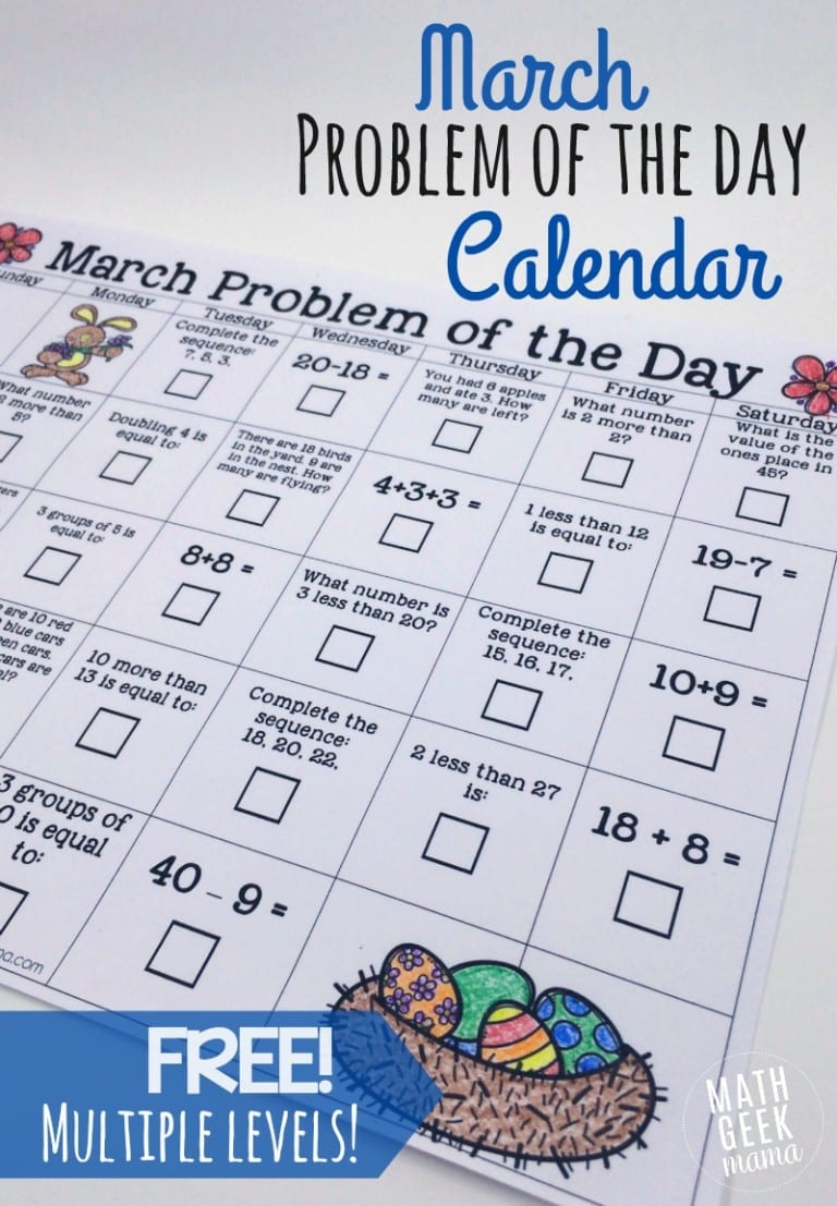 March Math Problem of the Day Calendar