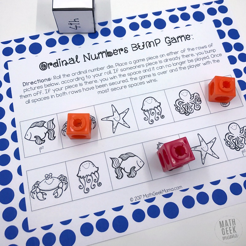 Looking for some quick and easy practice with ordinal numbers? This simple BUMP game is perfect for partner practice or a math center for your kindergarteners or first graders.
