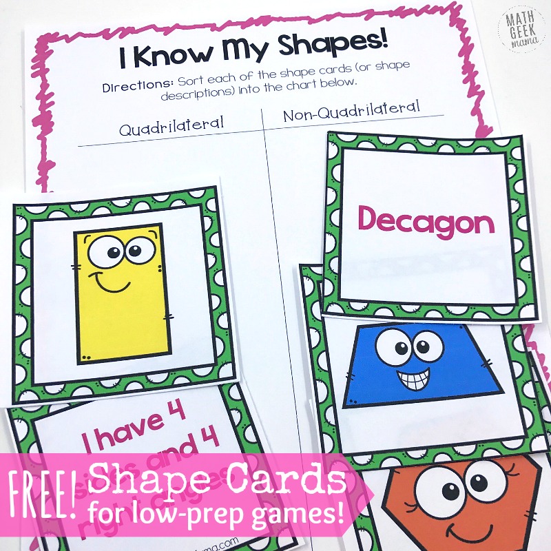 Want to introduce young ones to basic shapes? Or maybe you want to stretch and challenge older kids to learn more challenging shapes? Either way, this set of shape games for kids is low prep and can be used and adapted to play several different games with shapes and their attributes. Plus, it's compeltely FREE!.