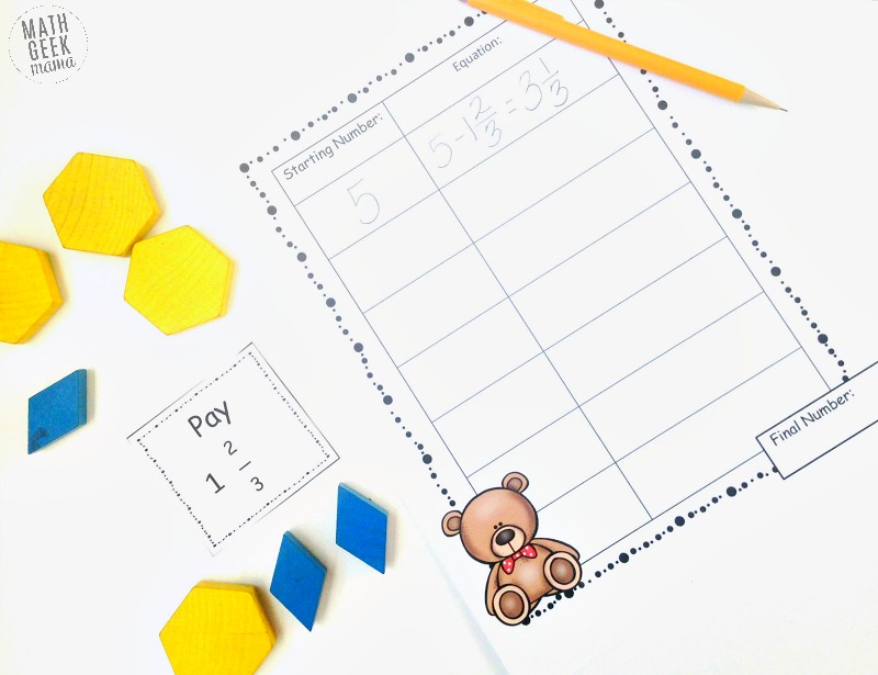 Subtracting mixed numbers is so tricky and can easily cause confusion but this hands on game using pattern blocks will make regrouping mixed numbers fun and simple!