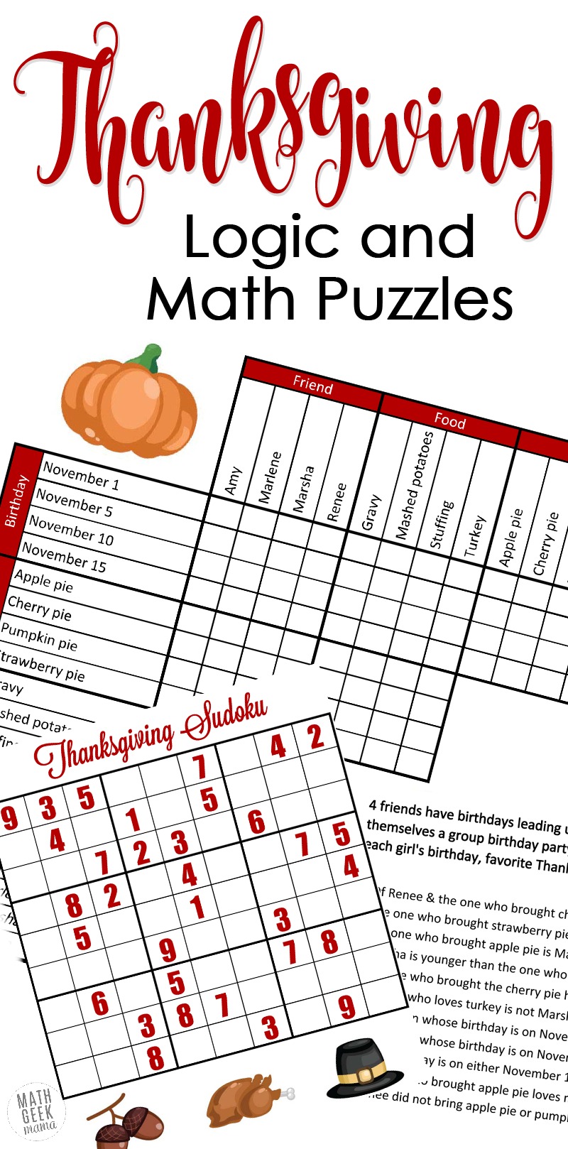 Looking for a fun, yet challenging set of puzzles this Thanksgiving? How about this set of Thanksgiving math puzzles? Includes a fun grid puzzle plus 2 Thanksgiving themed sudoku puzzles PLUS answer keys for all pages!
