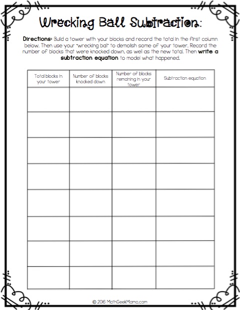 This easy subtraction game is sure to be a hit with your kids! Who doesn't love building a tower and knocking it down? Use this fun activity to model subtraction and practice writing equations. (Printable recording page included)