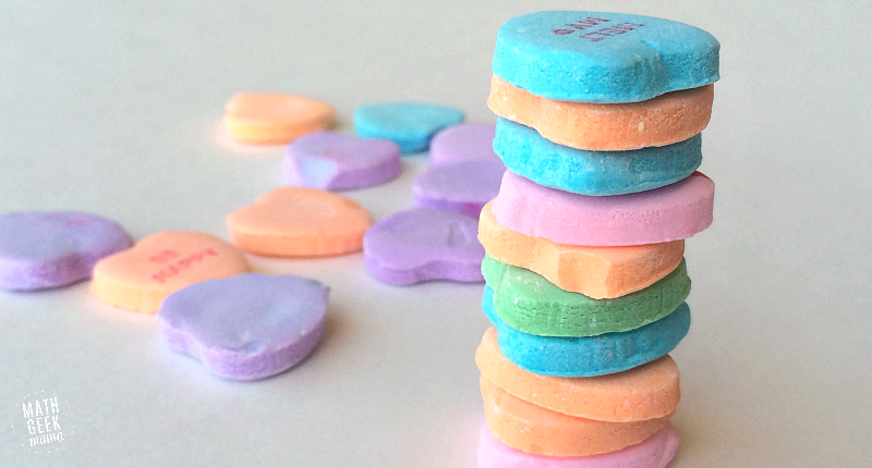 This simple challenge lets kids explore engineering and math, as well as work on fine motor skills! All you need is a bag of conversation hearts for hours of math fun and learning!